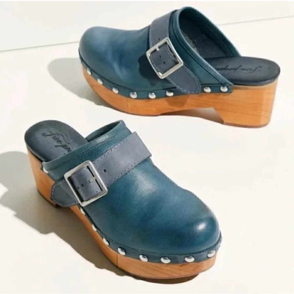 Free People Teal Leather Clogs with Wooden Heel